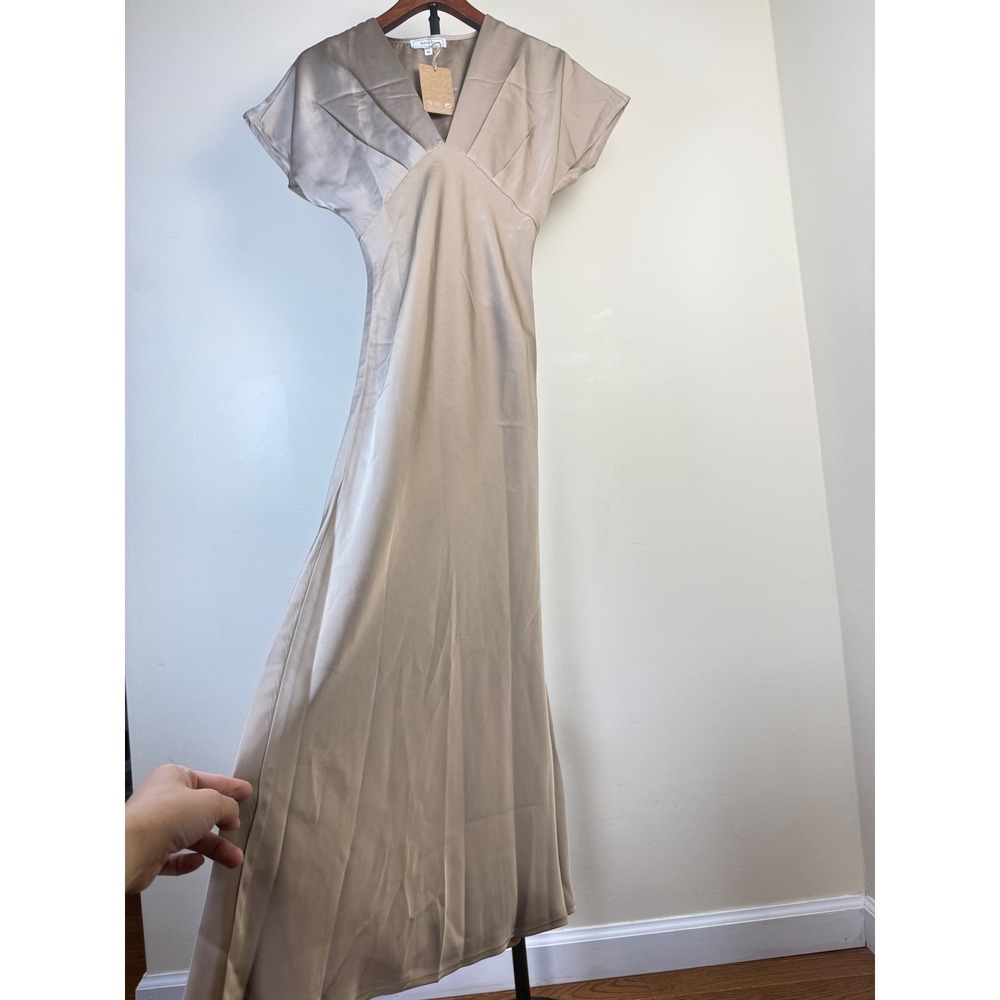 RIHOAS Womens Apricot Satin V Neck A-Line Midi Dress Apricot Relax Fit XS - Picture 8 of 16
